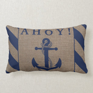 Ahoy. Nautical Anchor Navy Blue & Burlap Stripes Kussen