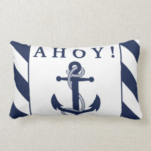 Ahoy. Nautical Anchor Navy Blue & White Stripes Kussen