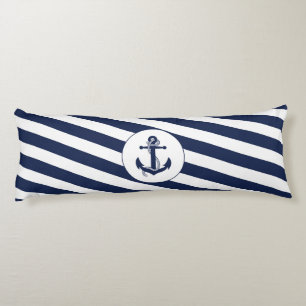 Ahoy. Nautical Anchor Navy Blue & White Stripes Lichaamskussen