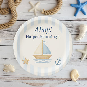 Ahoy Nautical Birthday blauwe zeilboot Papieren Bordje