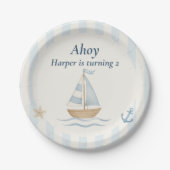 Ahoy Nautical Birthday | blauwe zeilboot Papieren Bordje (Voorkant)