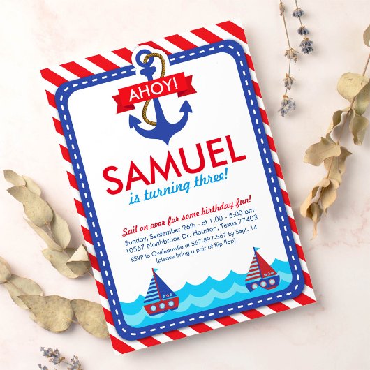 AHOY! Nautical Birthday Party Invitation Kaart