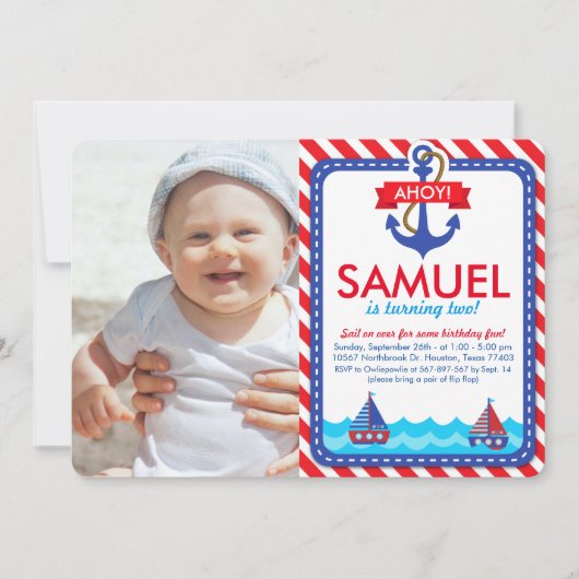 AHOY! Nautical Birthday Party Photo Invitation Kaart (Voorkant)