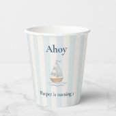 Ahoy Nautical Birthday | pastelblauwe zeilboot Papieren Bekers (Voorkant)