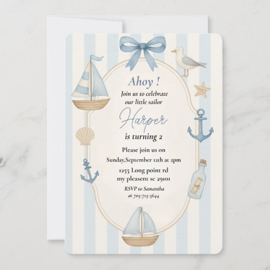 Ahoy Nautical Blue Verjaardag | pastelzeilboot Kaart (Voorkant)