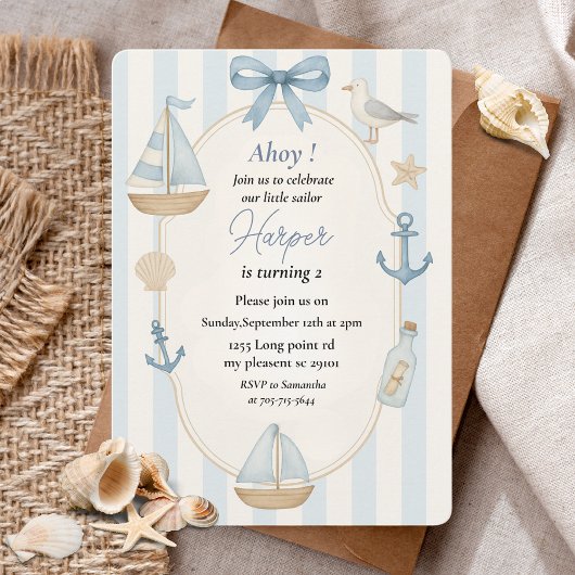 Ahoy Nautical Blue Verjaardag | pastelzeilboot Kaart