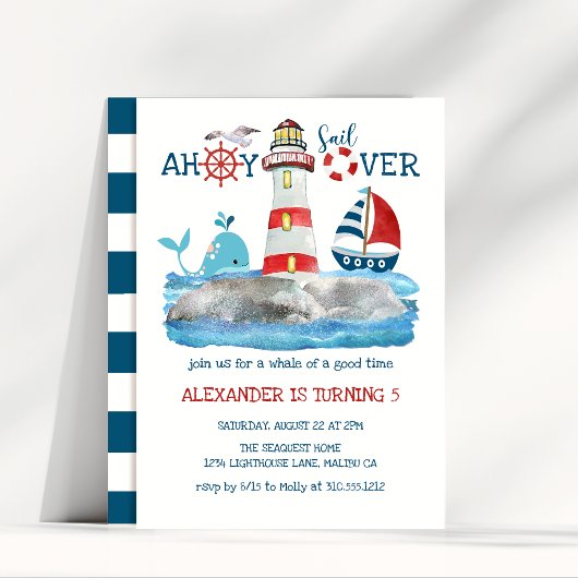Ahoy Nautical Lighthouse Sailboat Whale Birthday Kaart