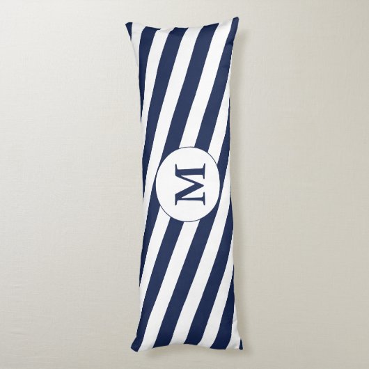 Ahoy. Nautical Monogram Navy Blue & White Stripes Lichaamskussen (Achterkant (Verticaal))