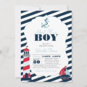 Ahoy Nautical Navy Blue Stripe Boy Baby shower Kaart (Voorkant)