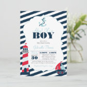 Ahoy Nautical Navy Blue Stripe Boy Baby shower Kaart (Staand voorkant)
