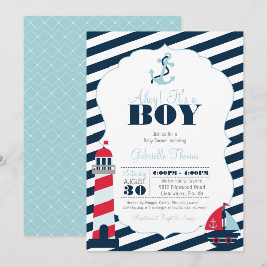 Ahoy Nautical Navy Blue Stripe Boy Baby shower Kaart (Voorkant / Achterkant)