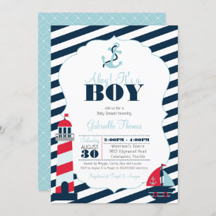 Ahoy Nautical Navy Blue Stripe Boy Baby shower Kaart