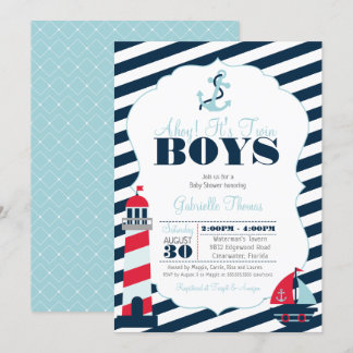 Ahoy Nautical Navy Blue Twin Boy Baby shower Kaart