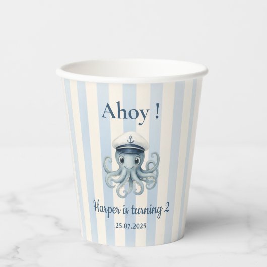 Ahoy Nautical Octopus Verjaardag | Blauwe strepen Papieren Bekers (Voorkant)