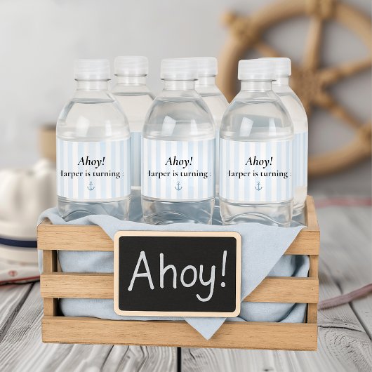 Ahoy Nautical | Pastel Blue Sailboat Verjaardag Waterfles Etiket