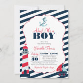 Ahoy Nautical Red Navy Stripe Boy Baby shower Kaart (Voorkant)