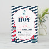 Ahoy Nautical Red Navy Stripe Boy Baby shower Kaart (Staand voorkant)