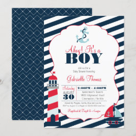 Ahoy Nautical Red Navy Stripe Boy Baby shower Kaart