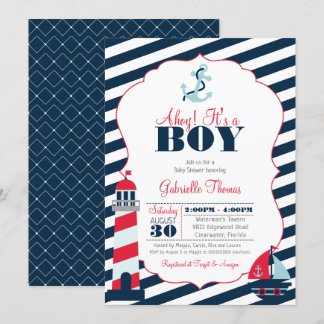 Ahoy Nautical Red Navy Stripe Boy Baby shower Kaart