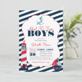 Ahoy Nautical Red Navy Stripe Twin Boy Baby shower Kaart (Staand voorkant)