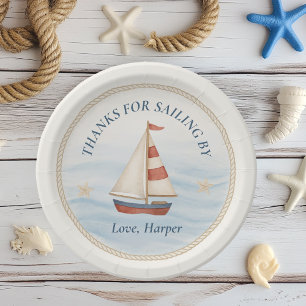 Ahoy Nautical Sailboat Verjaardag Blauw en rood Papieren Bordje
