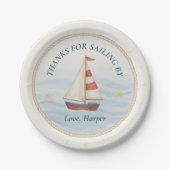 Ahoy Nautical Sailboat Verjaardag | Blauw en rood Papieren Bordje (Voorkant)