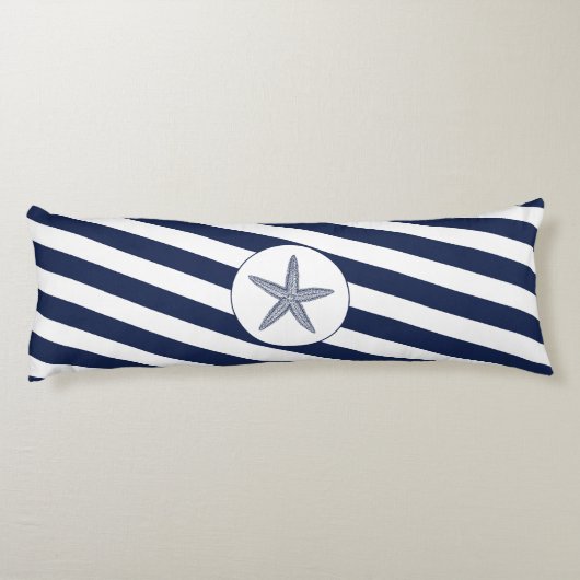 Ahoy. Nautical Starfish Navy Blue & White Stripes Lichaamskussen (Achterkant)