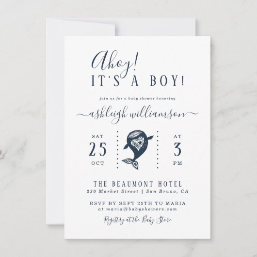 Ahoy. Nautical Whale Baby Boy Shower Uitnodiging (Voorkant)