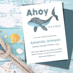 Ahoy Nautical Whale Zee Blue Boy Baby shower Kaart