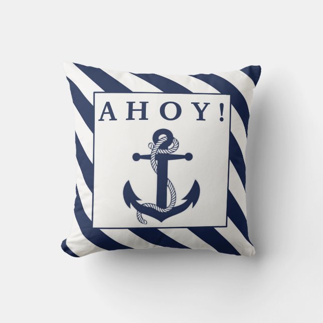 Ahoy! Nautisch anker Marine Blauw & Witte Strepen Kussen (Voorkant)