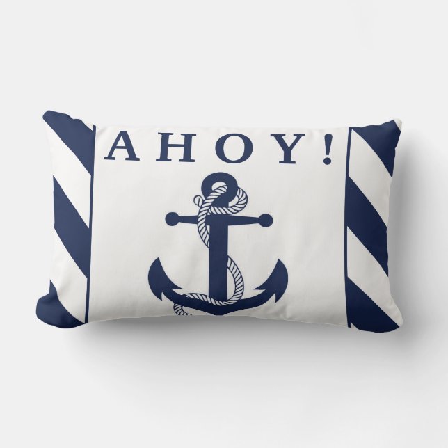 Ahoy! Nautisch anker Marine Blauw & Witte Strepen Kussen (Voorkant)