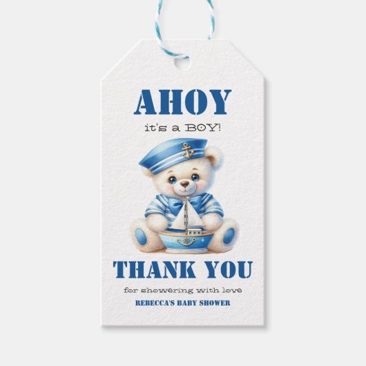 Ahoy Nautisch Blauw Zeiler Beer Jongen Baby shower Cadeaulabel (Voorkant)