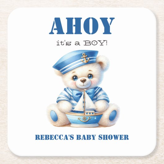 Ahoy Nautisch Blauw Zeiler Beer Jongen Baby shower Kartonnen Onderzetters (Voorkant)