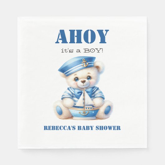 Ahoy Nautisch Blauw Zeiler Beer Jongen Baby shower Servet (Voorkant)