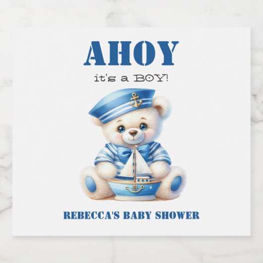 Ahoy Nautisch Blauw Zeiler Beer Jongen Baby shower Sparkling Wijnetiket (Enkel label)
