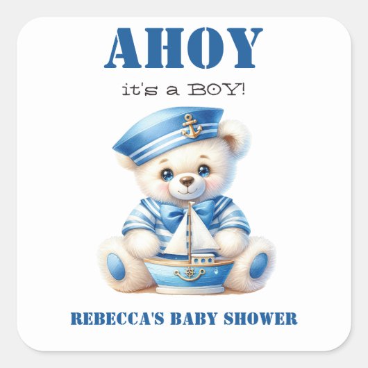 Ahoy Nautisch Blauw Zeiler Beer Jongen Baby shower Vierkante Sticker (Voorkant)