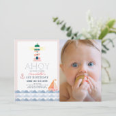 Ahoy Nautisch Roze Meisje Foto 1e verjaardag Kaart (Staand voorkant)