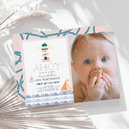 Ahoy Nautisch Roze Meisje Foto 1e verjaardag Kaart