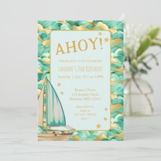 Ahoy nautische groene en gouden boot verjaardagsfe kaart (Staand voorkant)