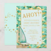 Ahoy nautische groene en gouden boot verjaardagsfe kaart (Voorkant / Achterkant)
