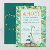 Ahoy nautische turkoois en gouden boot verjaardag kaart (Voorkant / Achterkant)