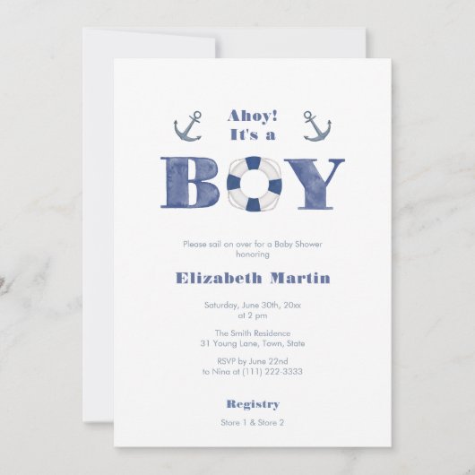 Ahoy! Navy blauw en wit nautische jongen Baby show Kaart (Voorkant)