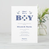 Ahoy! Navy blauw en wit nautische jongen Baby show Kaart (Staand voorkant)