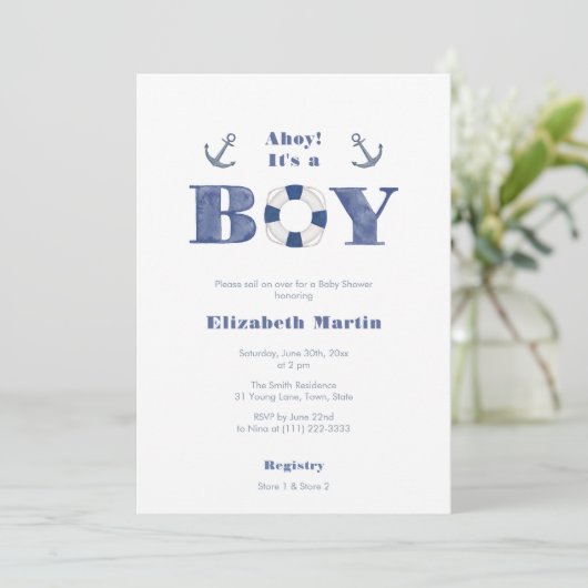 Ahoy! Navy blauw en wit nautische jongen Baby show Kaart (Staand voorkant)