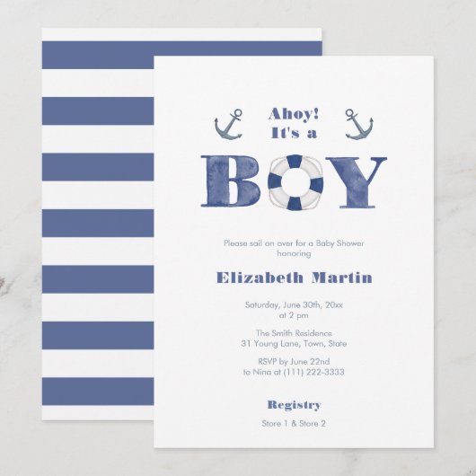 Ahoy! Navy blauw en wit nautische jongen Baby show Kaart (Voorkant / Achterkant)