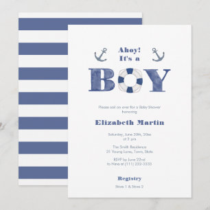 Ahoy! Navy blauw en wit nautische jongen Baby show Kaart