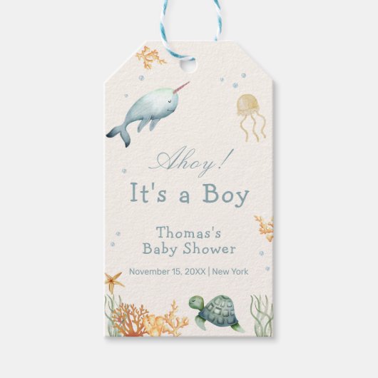 Ahoy onder het Zee Whale Boy Baby shower Cadeaulabel (Voorkant)