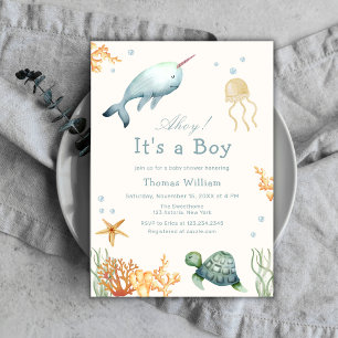 Ahoy onder het Zee Whale Boy Baby shower Kaart