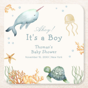 Ahoy onder het Zee Whale Boy Baby shower Kartonnen Onderzetters