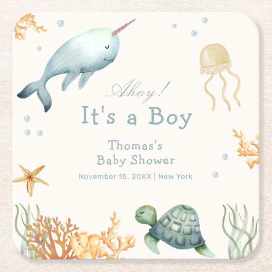 Ahoy onder het Zee Whale Boy Baby shower Kartonnen Onderzetters (Voorkant)